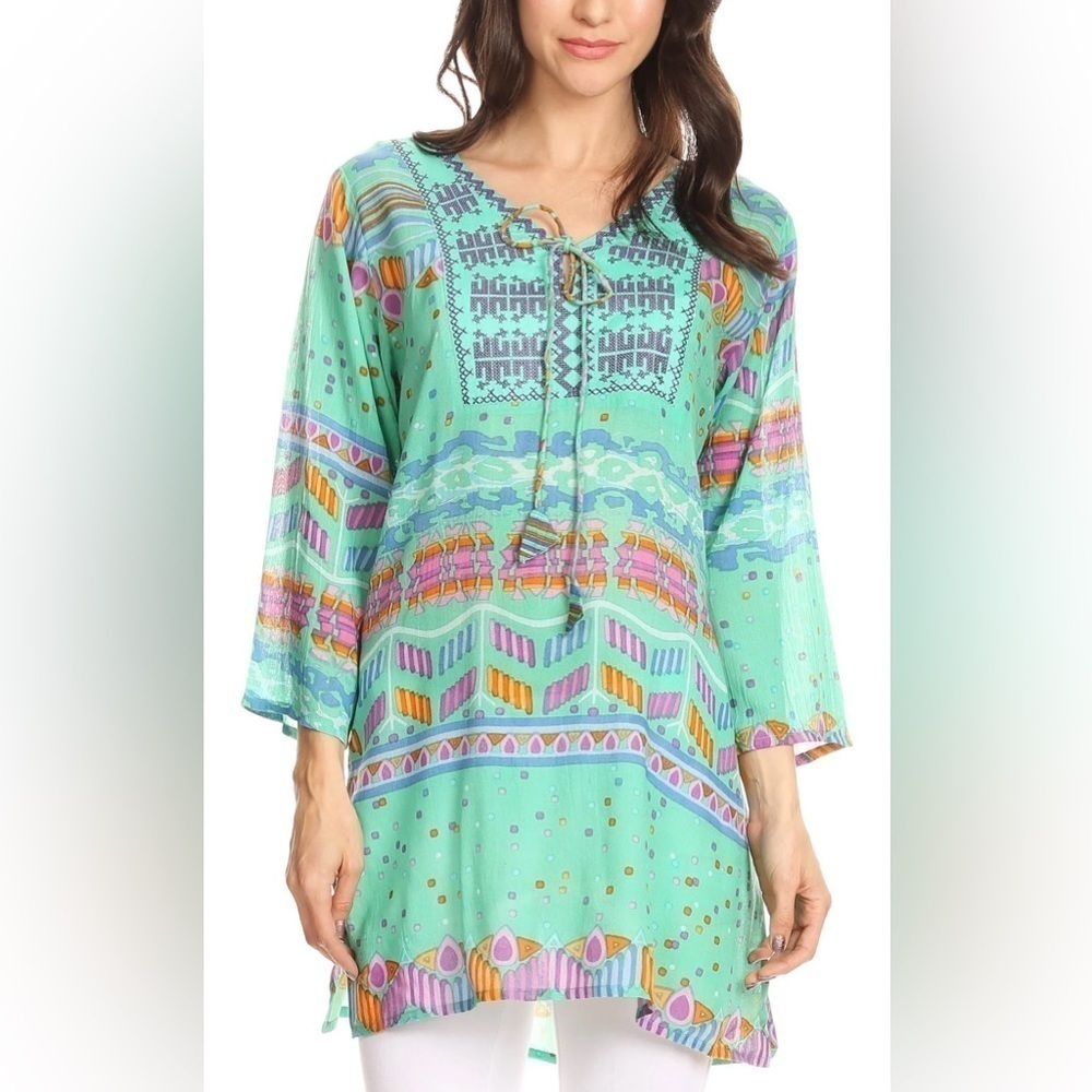 NWT Sakkas Carina Tie Front 3/4Sleeve Tunic with Cross Stitch Embroidey